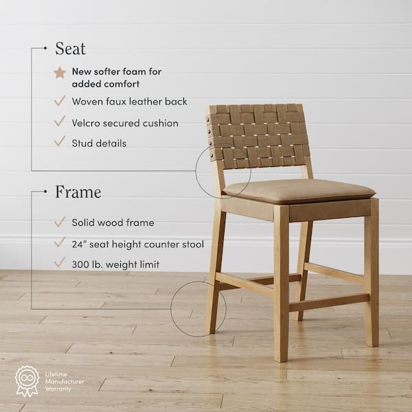 Cohen 24 in. Natural Brown Wood Mid-Century Faux Leather Counter Height Bar Stool, with Woven Back for Kitchen, Set of 4