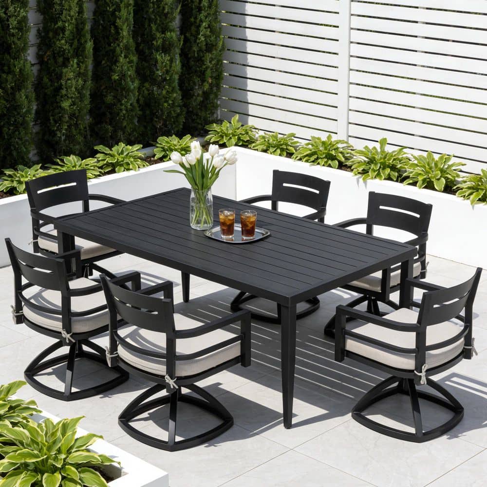 Black 7-Piece Aluminum Outdoor Dining Set with White Cushion price history on PriceWatchPro
