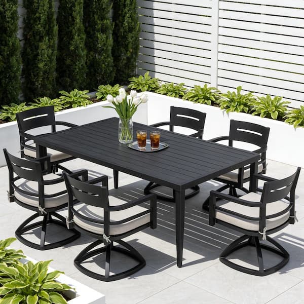 Black 7-Piece Aluminum Outdoor Dining Set with White Cushion