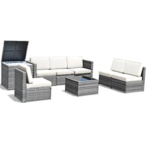 8-Piece Wicker Outdoor Sectional Set with White Cushions