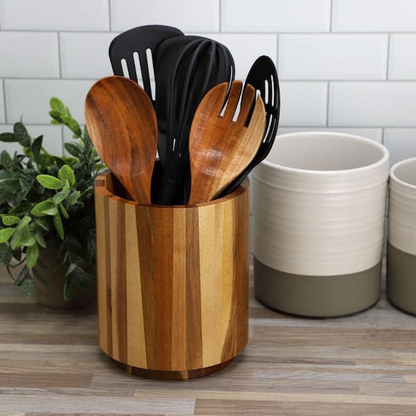 Acacia Wood Brown 360 Rotating Utensil Holder