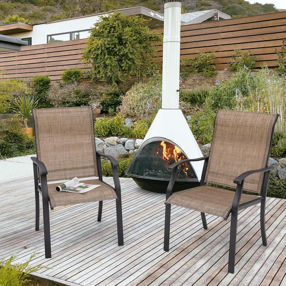 Brown Steel Frame Brown Textilene Outdoor Dining Chairs (2-Pieces)