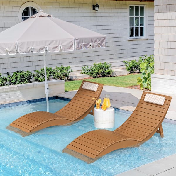 Brown Collapsible 2-Piece HDPS Plastic Outdoor Chaise Lounge with Cushions Headrest for Pool Loungers Up to 11 in. Deep
