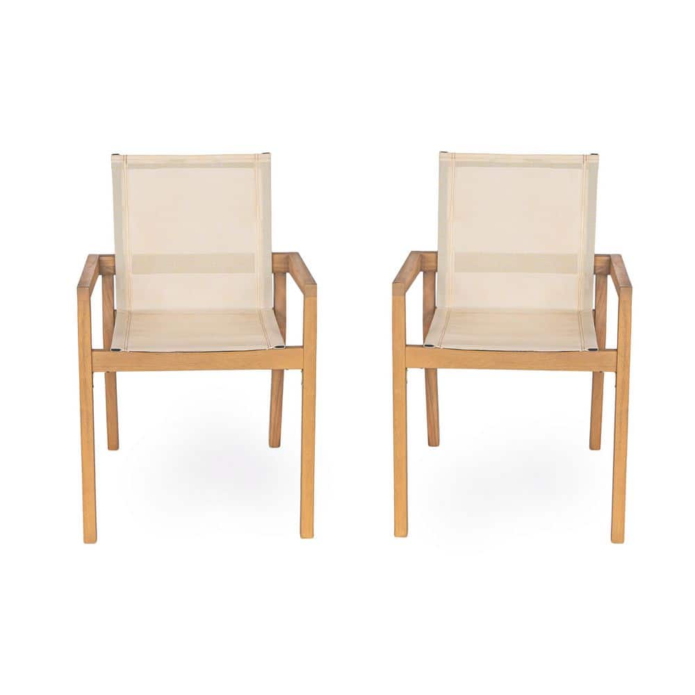2-Piece Teak Wood Outdoor Dining Chair with Beige Textile for Garden, Patio