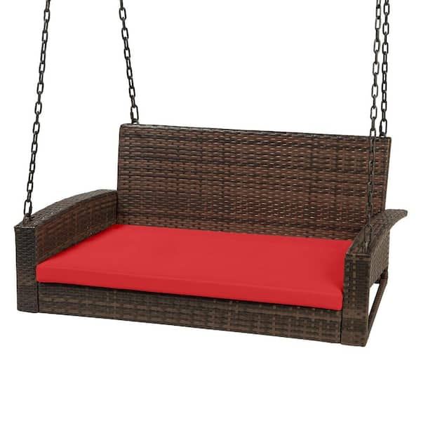 Unbranded 50 in. W Products Woven Wicker Outdoor Porch Swing With Seat Cushion-Brown/Red