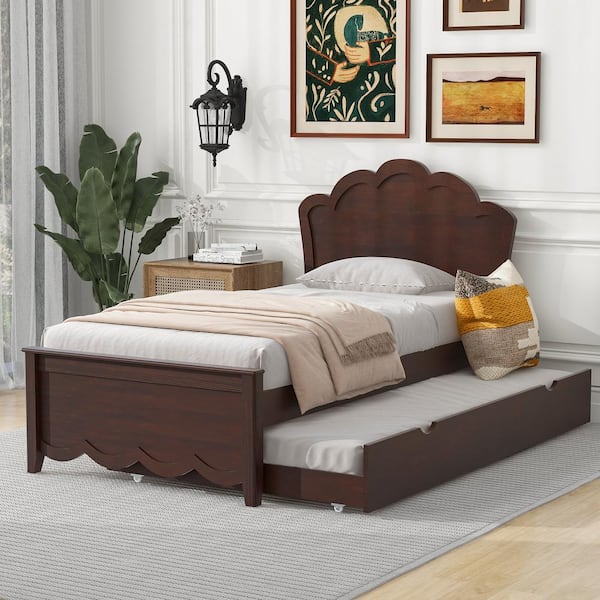 Harper & Bright Designs Cappuccino Brown Wood Frame Twin Size Platform Bed with Headboard and Twin-Size Trundle