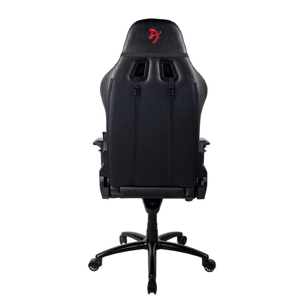 Rear view of a black and red PU leather gaming chair.