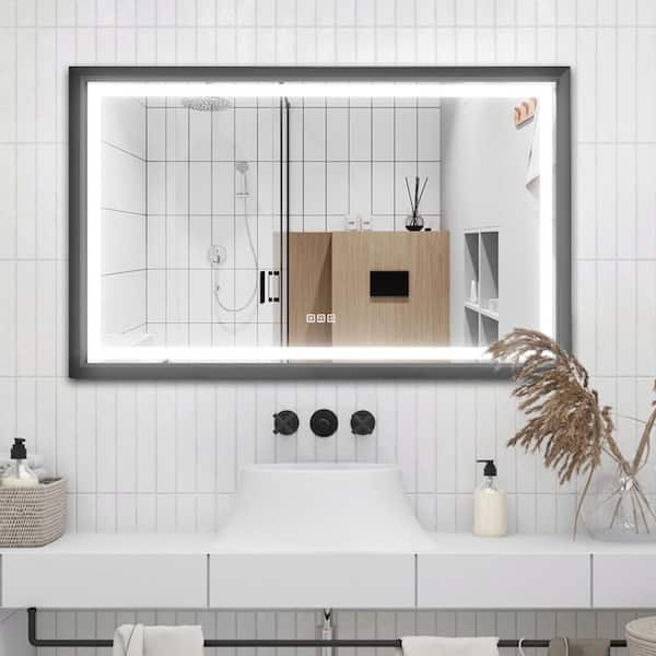 Andrea 48 in. W x 30 in. H Large Rectangular Metal Framed Dimmable Anti Fog Wall Mount LED Bathroom Vanity Mirror in Black