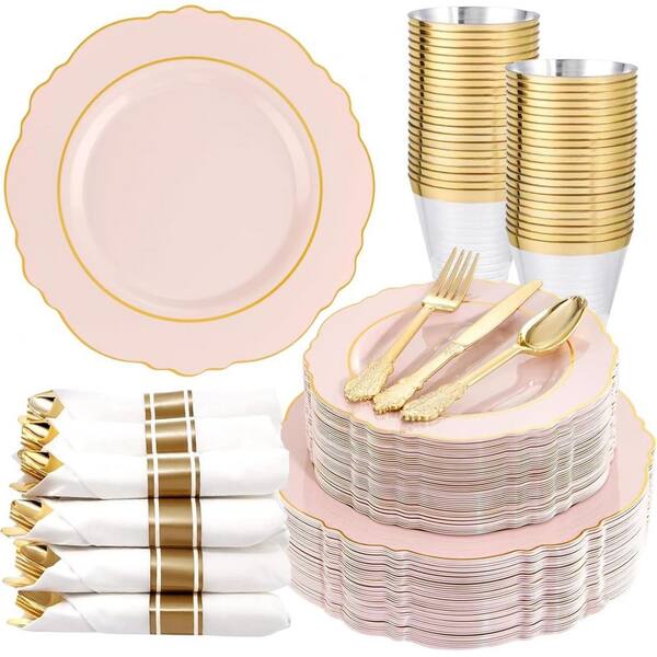 Pink and Gold Plastic Dinnerware Set for 50 Guests, 350 Pieces, Baroque Plates, Cups, Napkins, and Silverware