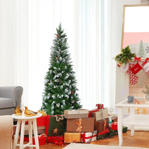 5 ft. Snow Flocked Pencil Artificial Christmas Tree Classic Realistic PVC Needles with Pine Cones
