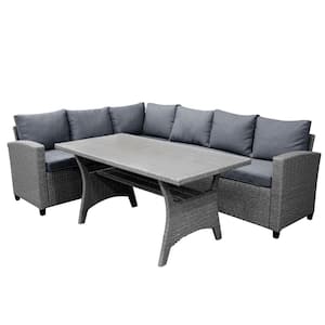 3-Piece Patio Outdoor Furniture PE Rattan Wicker Conversation Set Sectional Sofa Set with Table and Soft Gray Cushions