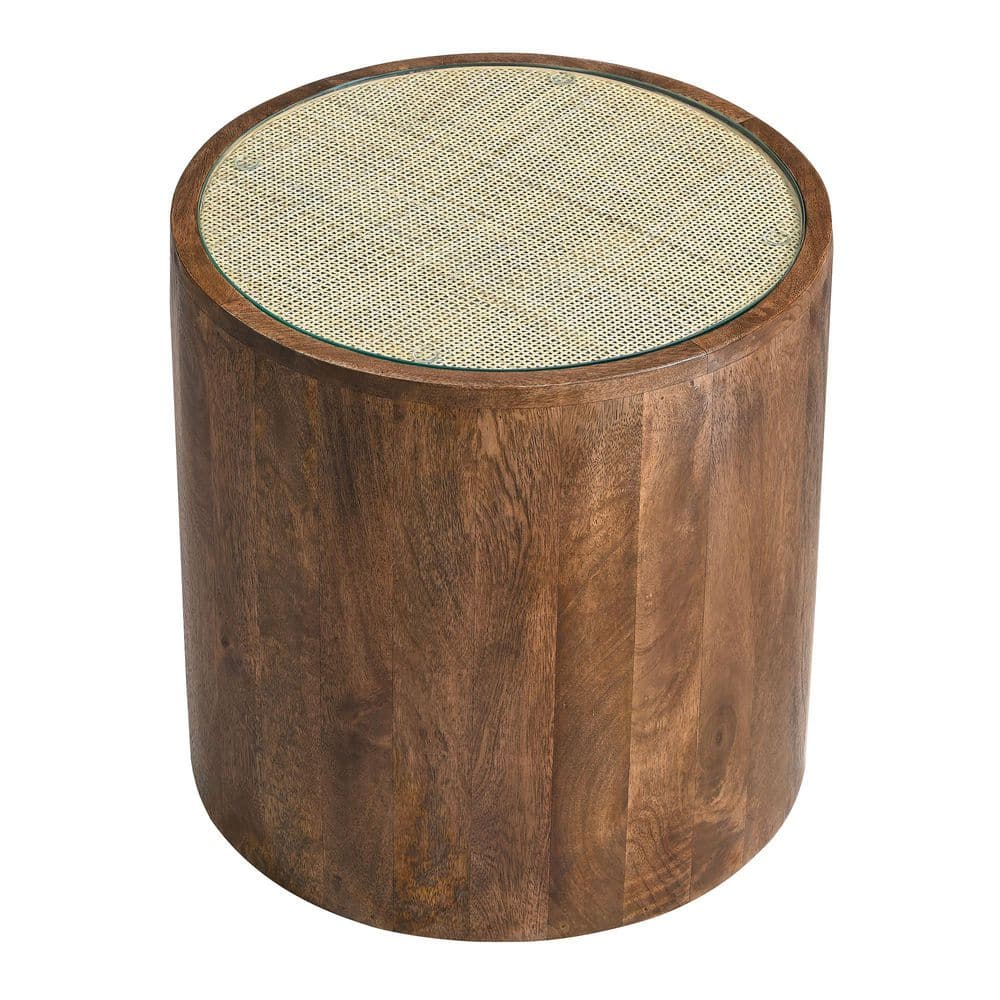 Truett Round Walnut Wood Rattan Side Table with Glass Top