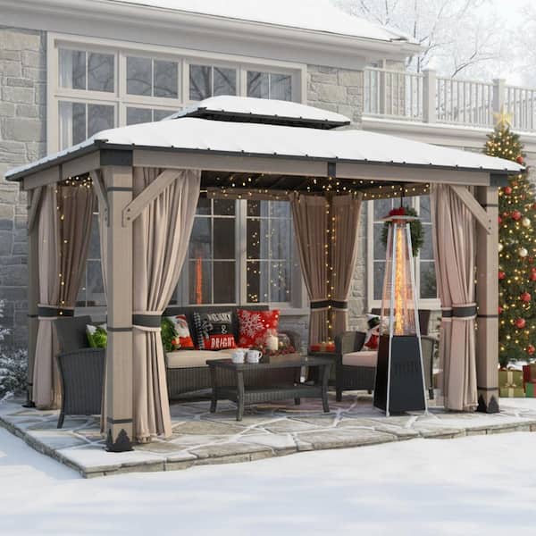 Cedarfort 10 ft. x 12 ft. Outdoor Cedar Wood Frame Hardtop Gazebo with Galvanized Steel Roof, Netting and Curtains