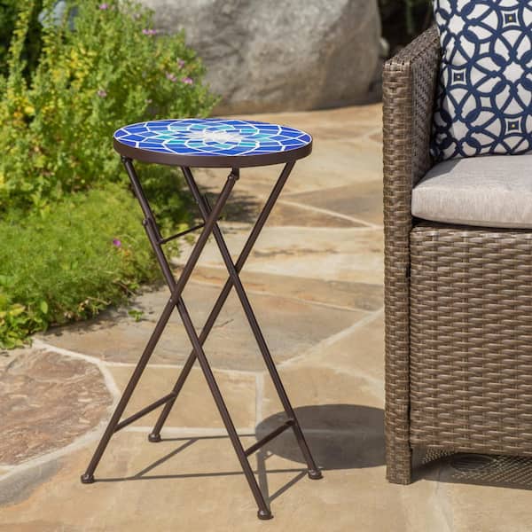 Noble House Azure Blue Stone Outdoor Patio Side Table