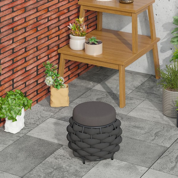15 in. Black Aluminum Woven Rope Outdoor Patio Ottoman with Dark Gray Cushions