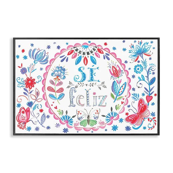 Stupell Industries Be Happy Floral Butterflies by SD Graphics Studio Black Framed Typography Giclee Art Print 16 in. x 24 in.