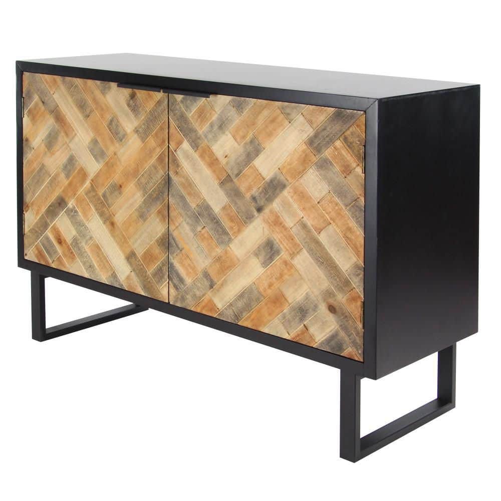 Black and Brown Geometric Wood Inlay Cabinet with Shelf