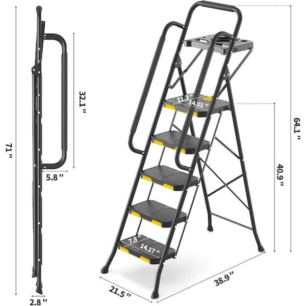 Reach 60 in. H, 5 Step Ladder with Tool Platform Folding Step Stool Handrails Sturdy SteeL Wide Pedal, 800 lbs. Aluminum