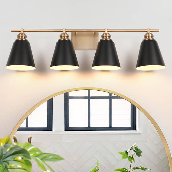Modern 31.5 in. 4-Light Brushed Gold Vanity Light with Black Metal Shades