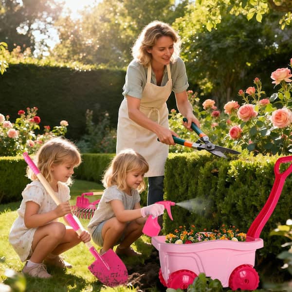 Kids Seven Piece Gardening Tool and Wheelbarrow Set with Metal