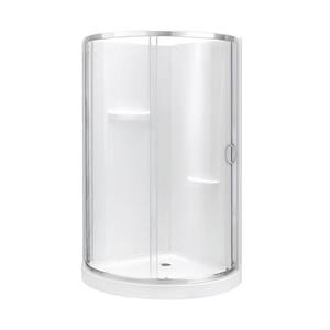 Breeze 34 in. L x 34 in. W x 73.25 in. H Round Corner Drain and Shower Enclosure with Clear Framed Sliding Door in SN