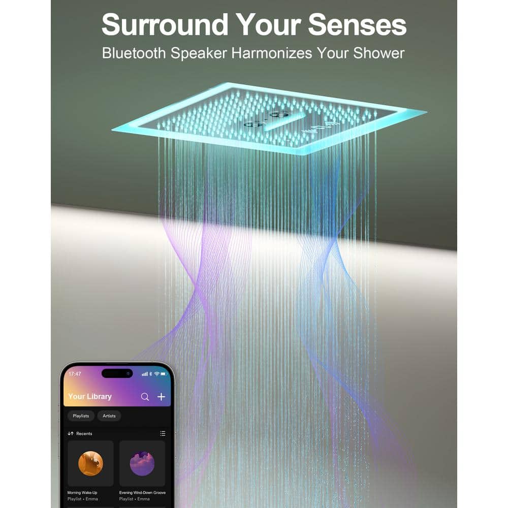 Brushed Nickel Dual Head LED Shower System with Bluetooth Speaker