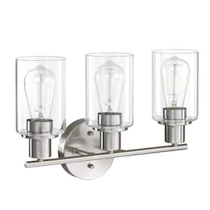 17 in. 3-Light Brush Nickel Vanity Light With Clear Glass Shades