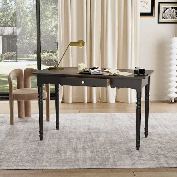 FUFU&GAGA 1-Piece Black Wooden Makeup Vanity Computer Desk, Writing Desk with a Drawer and Elegant Classic Style Legs