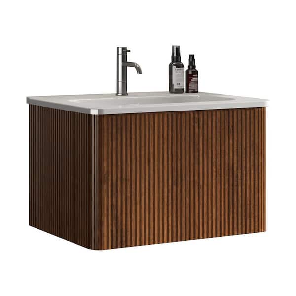 24 in. Wall Mount Modern Single Sink Striped Walnut Bath Vanity with One-Piece White Ceramic Sink Top Sink Pre-assembled