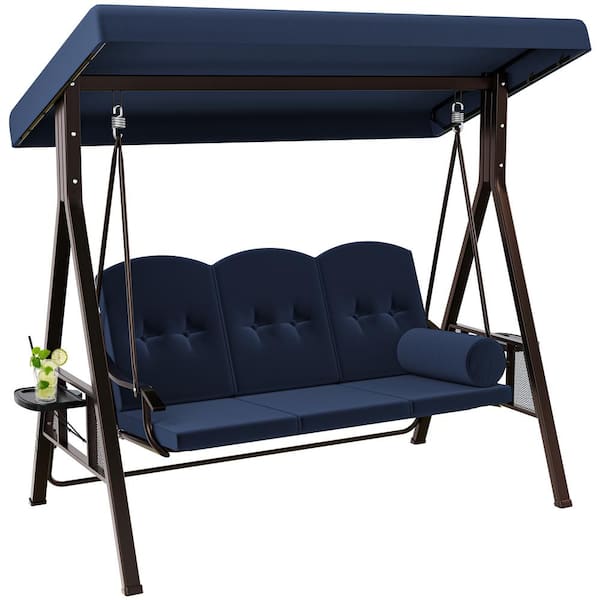 DEXTRUS 3-Seat Navy Deluxe Metal Outdoor Patio Swing Chair with Converting Canopy and Removable Cushions