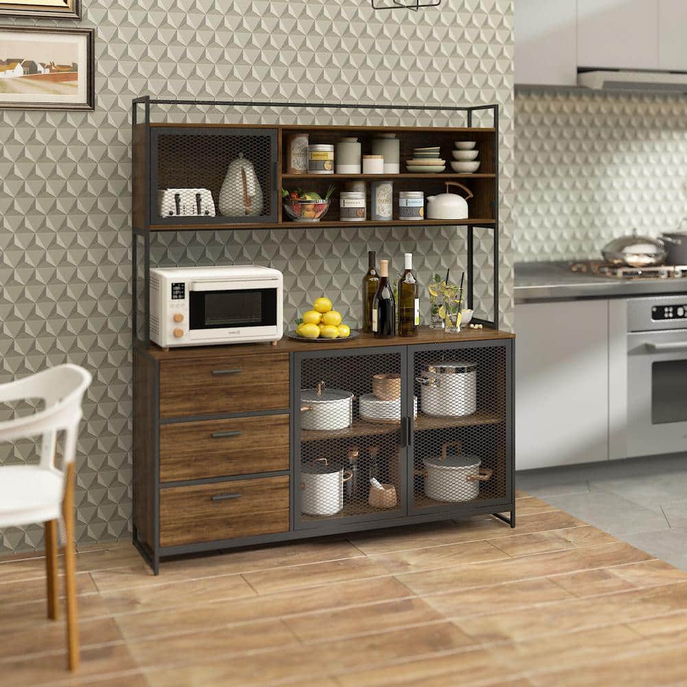 Brown Wood and Metal Mesh 3-Door Kitchen Pantry Cabinet