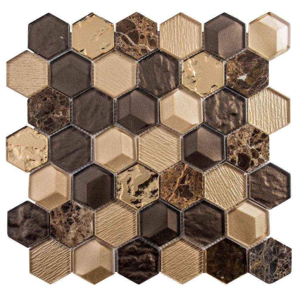 Spirit Tan and Brown Polished Glass Honeycomb Mosaic Tile