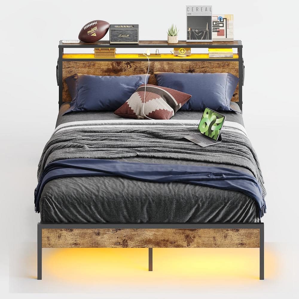 Bestier Queen Size LED Bed Frame with Headboard and Storage Rustic Brown