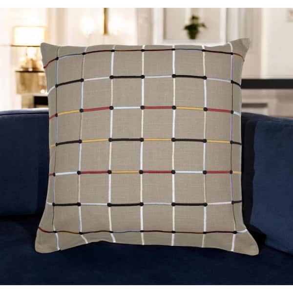 HomeRoots Beige Plaid Polyester 24 in. x 24 in. Throw Pillow