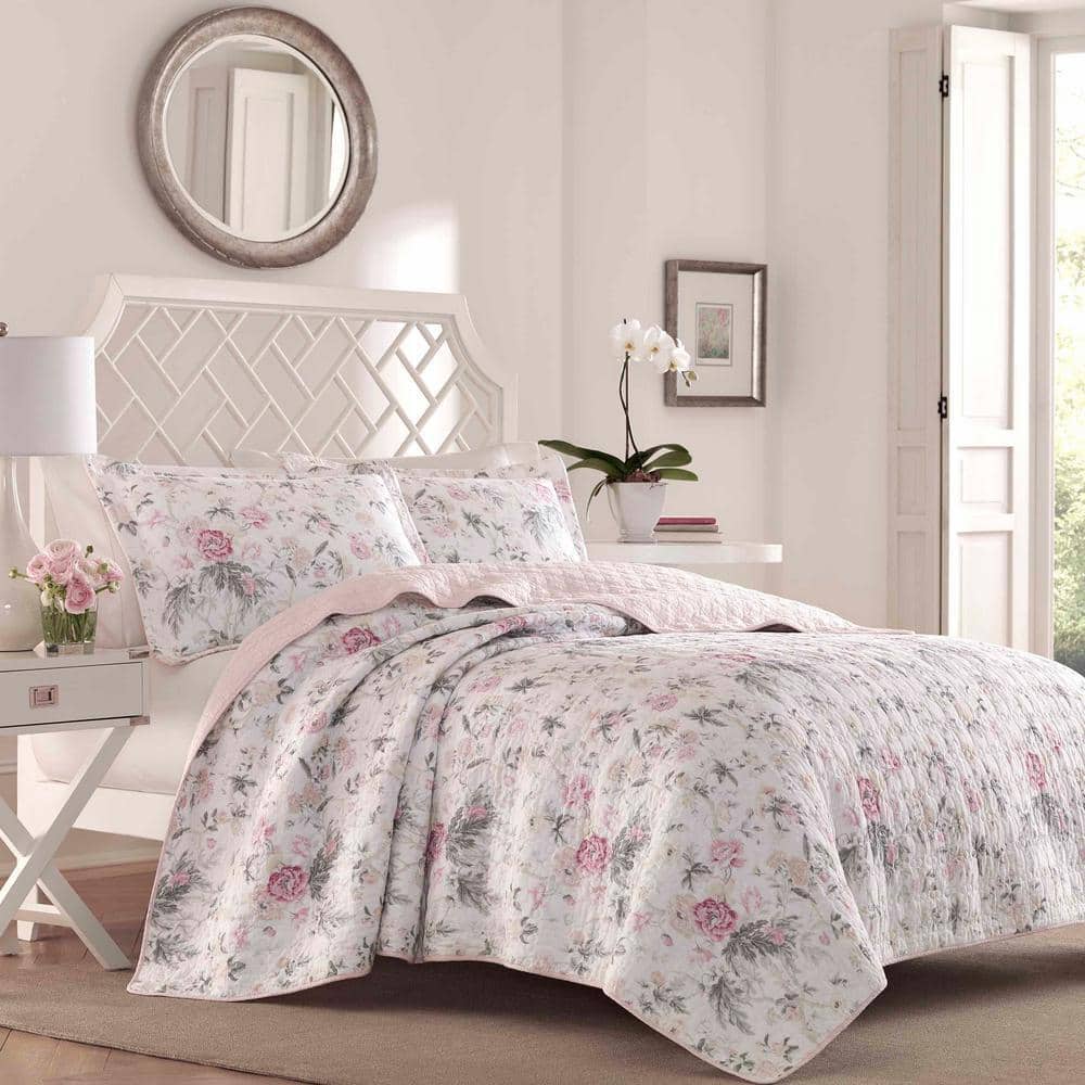 Laura Ashley Breezy Floral 3-Piece Pink and Gray Floral Cotton