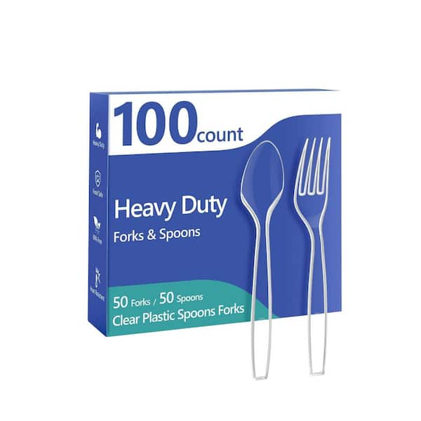Clear Disposable Plastic Cutlery Set, 100-Piece Heavy Duty Forks and Spoons, BPA-Free, Heat Resistant