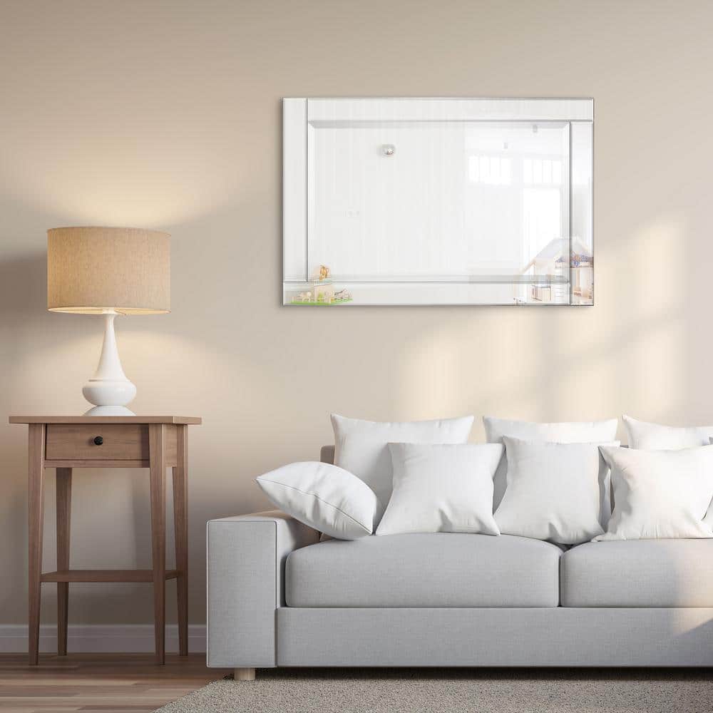 Silver Beveled Rectangular Wall Mirror with Wood Frame