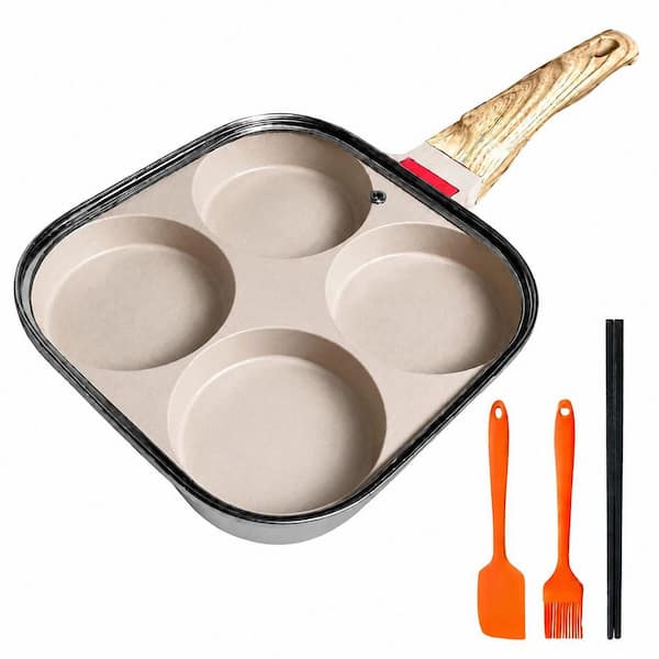 7.6 in. White 4-Cup Aluminum Nonstick Egg Pan with Lid, Silicone Scraper, Oil Brush, Chopsticks and Cloth