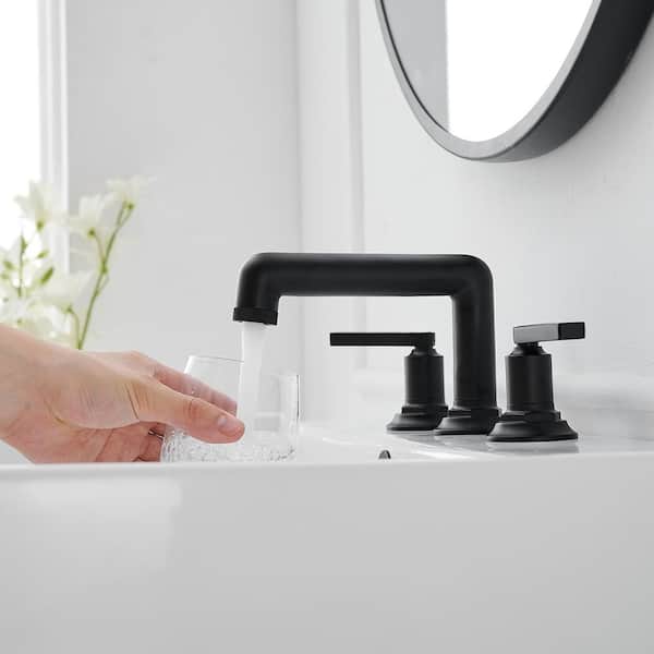 8 in. Widespread Double Handle Low Arc Bathroom Faucet with Drain Kit, Easy to Install, Drip Free in Matte Black