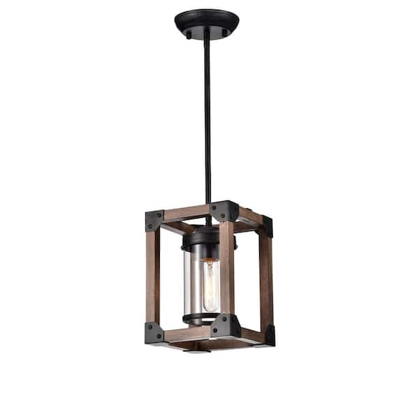 Jojospring Vera 7.3 in. Dia 1-Light Antique Black Wooden Cage Pendant Lighting