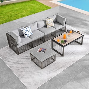 6-Piece Wicker Patio Conversation Deep Seating Set with Gray Cushions
