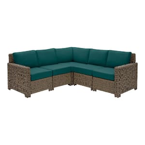 Laguna Point 5-Piece Brown Wicker Outdoor Patio Sectional Sofa Set with CushionGuard Malachite Green Cushions
