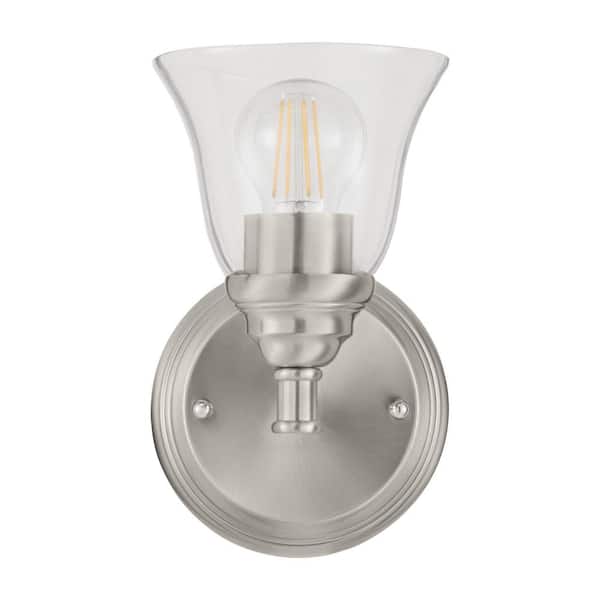 Hampton Bay Marsden 5.5 in. 1-Light Brushed Nickel Transitional Wall Sconce with Clear Glass Shade