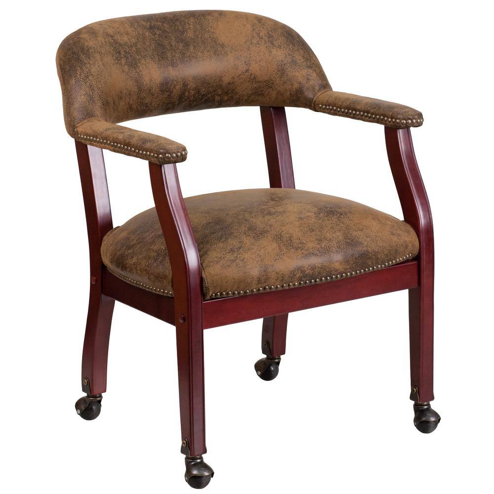 Elegant Bomber Jacket Brown Microfiber Conference Chair with Brass Accents