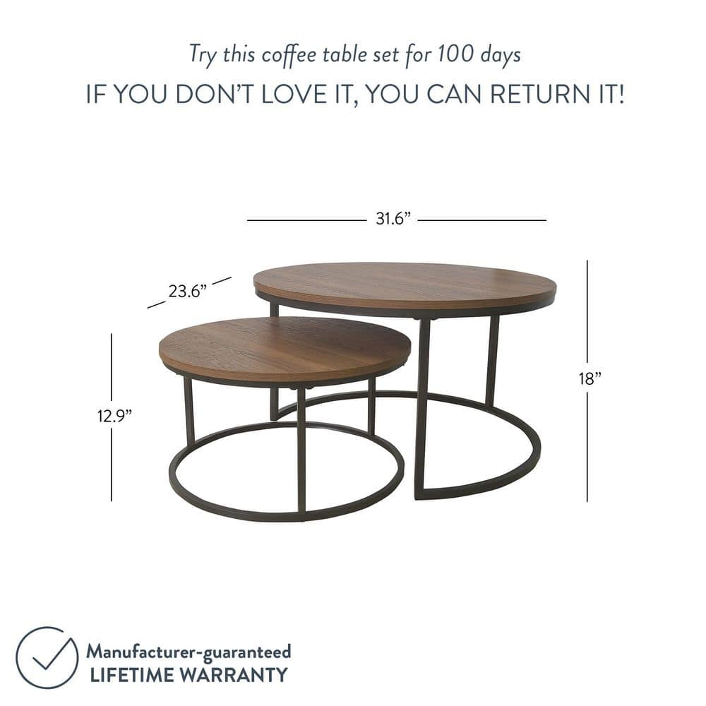 Stella Reclaimed Oak Round Nesting Coffee Table Set with Metal Base