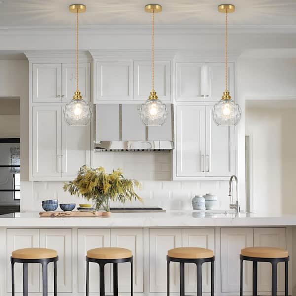 Jasslynn 1-Light Gold Modern Globe Pendant Light with Hammered Glass Shade for Kitchen Island Dining Room Entryway