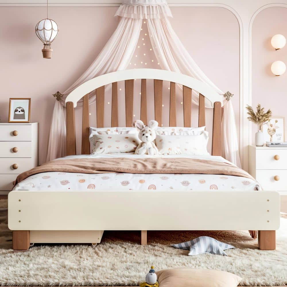 Beige MDF Wood Frame Full Size Platform Bed with Storage Drawer,Round Headboard price history on PriceWatchPro