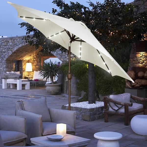 crank lift patio umbrella 9 ft. Steel Crank Lift Patio Umbrella in White with 32 LED Lights  L0D44RK49N