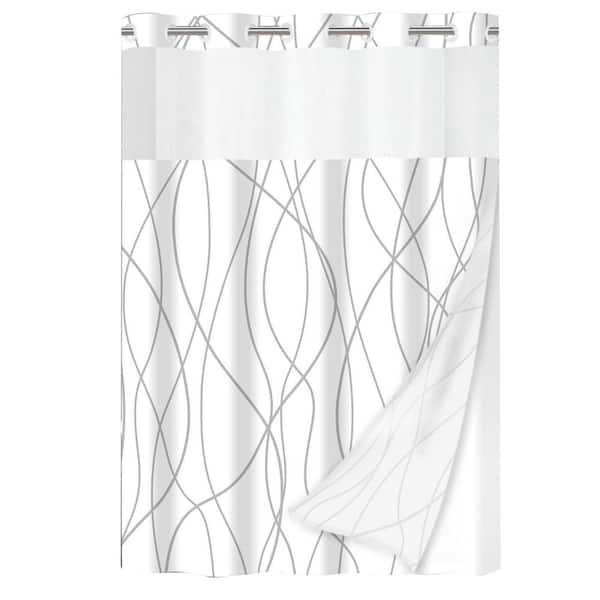 Unbranded No Hook Grey White Striped Shower Curtain with Snap in Fabric Liner Set Mesh Top Window 71 x 74 in.