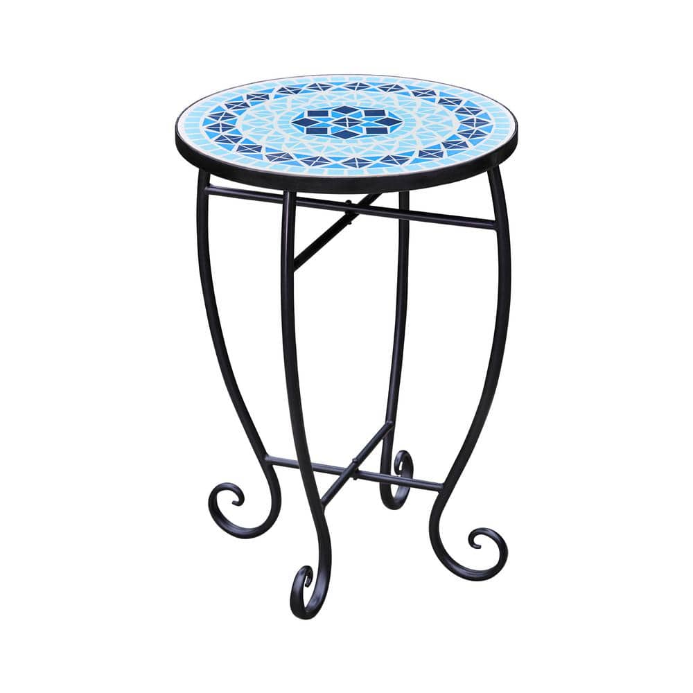Teamson Home 20 in. Blue Round Metal Outdoor Mosaic Patio Side Table